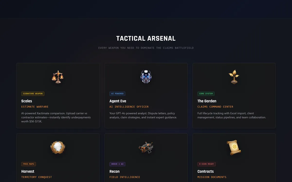 ClaimPilot Tactical Arsenal featuring Scales estimate comparison, Agent Eve AI assistant, The Garden claims dashboard, Harvest territory mapping, Recon field intelligence, and Contracts management